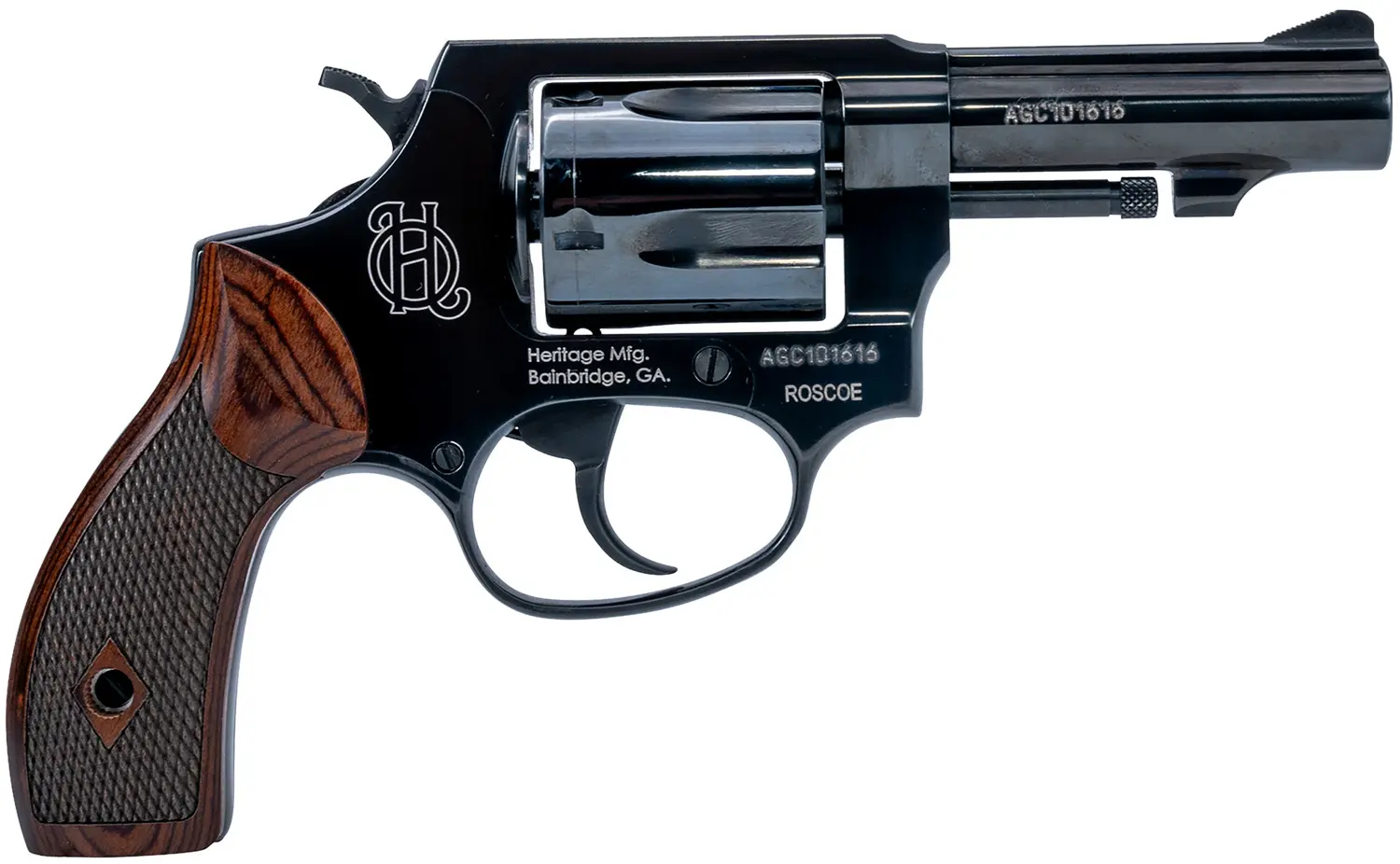 Heritage Mfg HR38B3W Roscoe Small Frame 38 Special +P 5rd 3" Black Polished Alloy Steel Barrel Cylinder, Black Polished Carbon Steel Frame, Wood Grip, Transfer Bar Safety