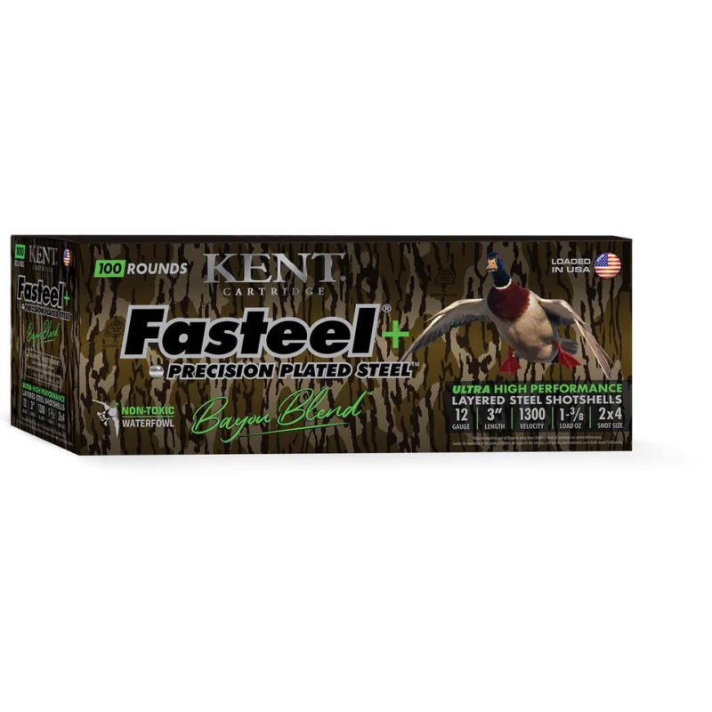 Kent Fasteel+ Precision Plated Steel Bayou Blend Shotshells 12ga 3" 1-3/8oz 1300 fps #2 #4 100/ct