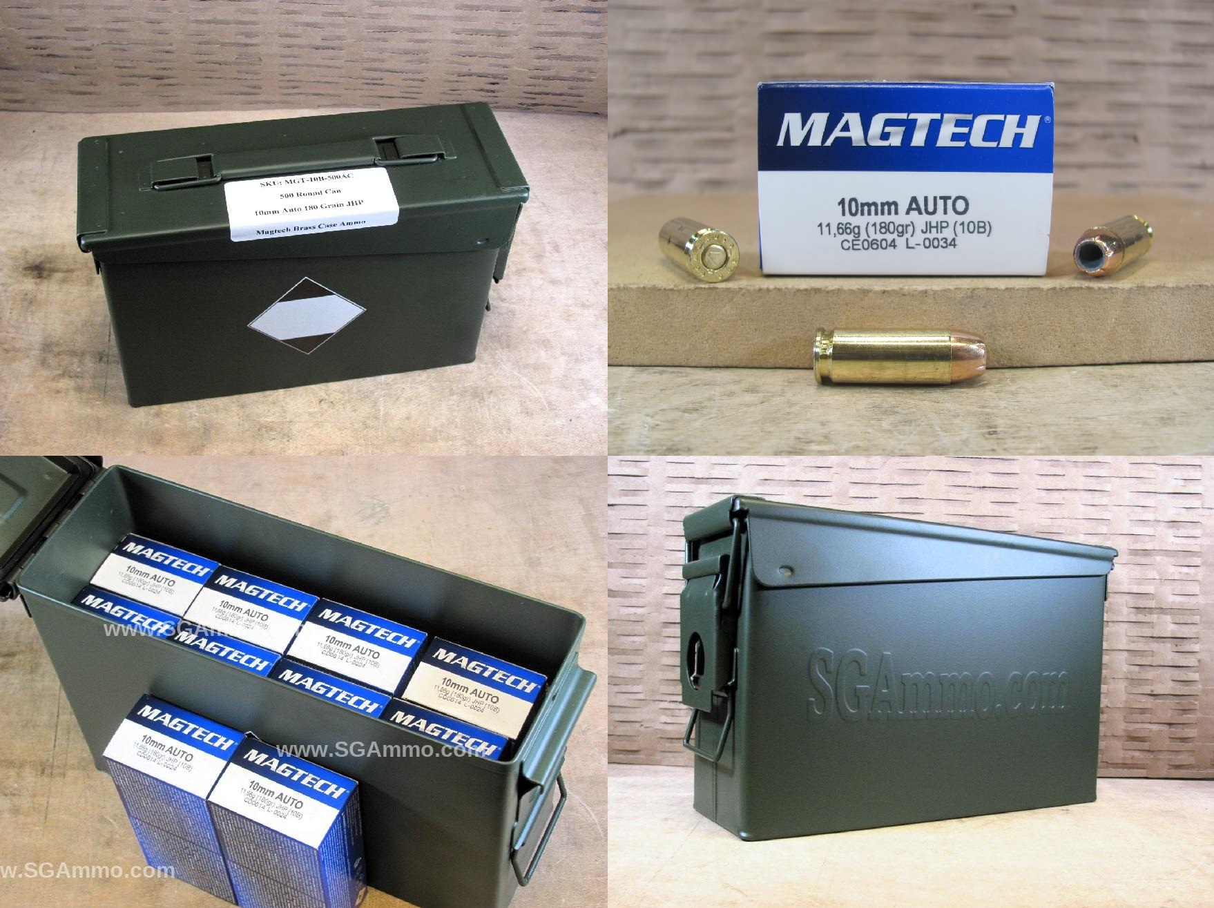500 Round Can – 10mm Auto 180 Grain JHP Hollow Point Ammo by Magtech – 10B – Packed in M19A1 Canister