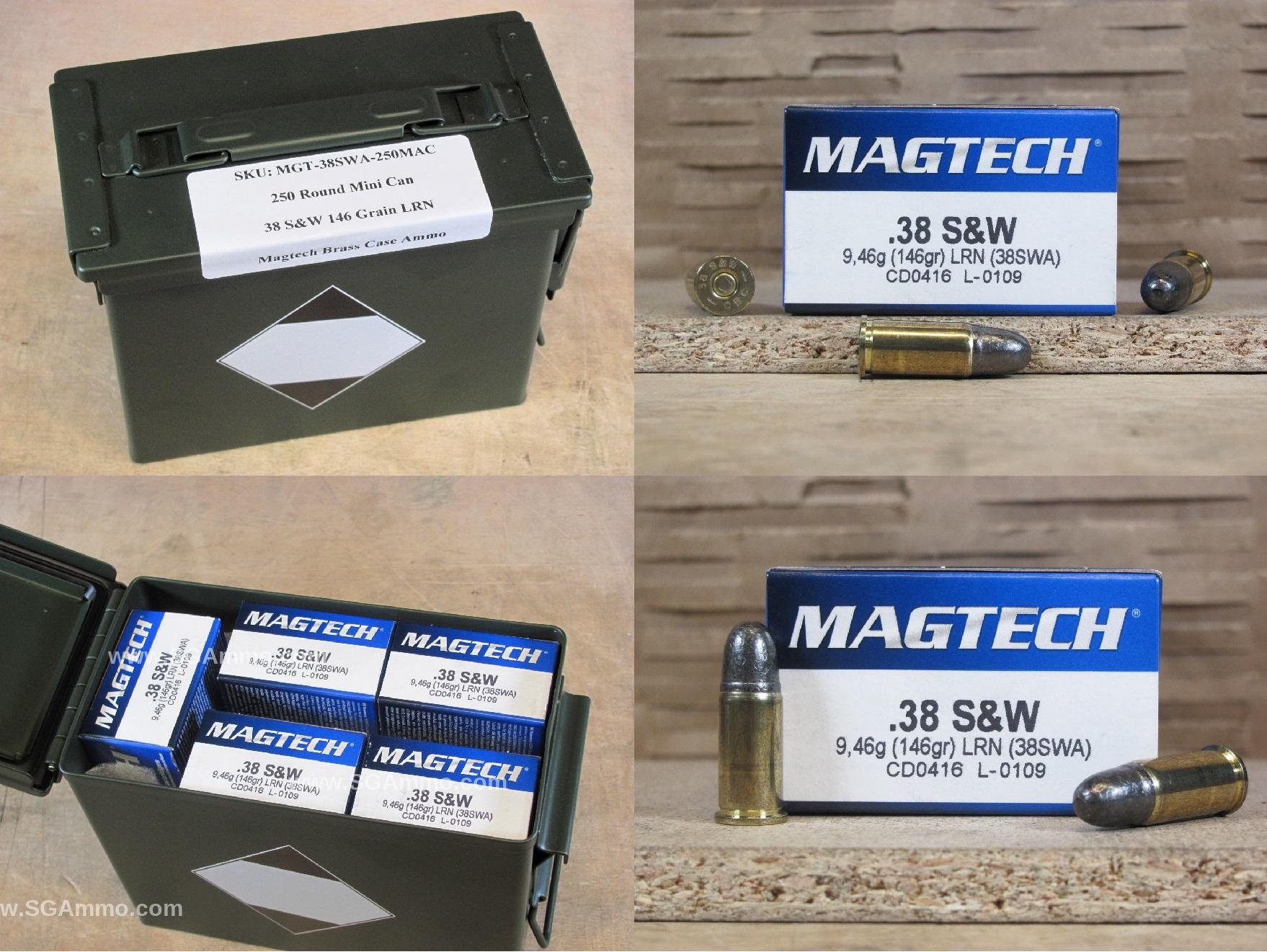 250 Round Can – 38 SW 146 Grain Lead Round Nose Ammo by Magtech – 38SWA – Packed in Mini Canister