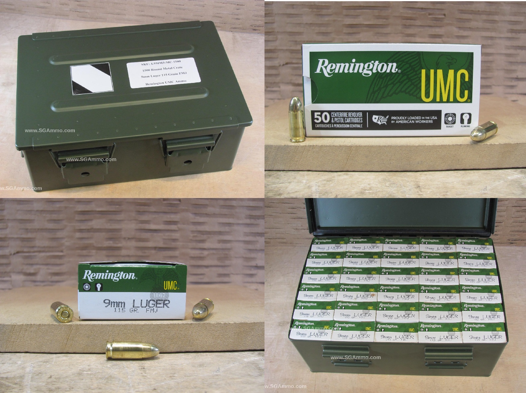 1500 Round Metal Crate Canister – 9mm Luger 115 Grain FMJ Remington UMC Ammo – L9MM3