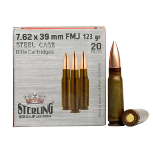 Sterling Global Ordnance Sterling Steel Case Rifle Ammunition 7.62x39mm 123gr FMJ 2362 fps 20/ct