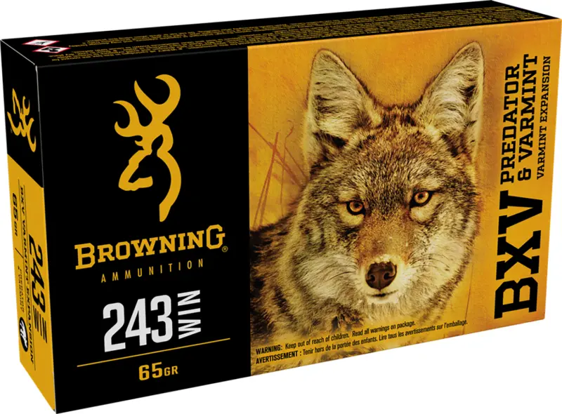 Browning Ammo B192302431 BXV Predator Varmint 243Win 65gr Varmint Expansion Polymer Tip 20 Per Box/10 Case