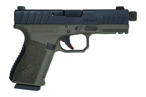 TriStar 85786 Apoc Pro 9mm Luger 15+1 4.50" Black Threaded Barrel, Black Cerakote Steel Optic Ready/Serrated Slide, OD Green Polymer Frame w/Picatinny Rail, Interchangeable Backstrap Grip