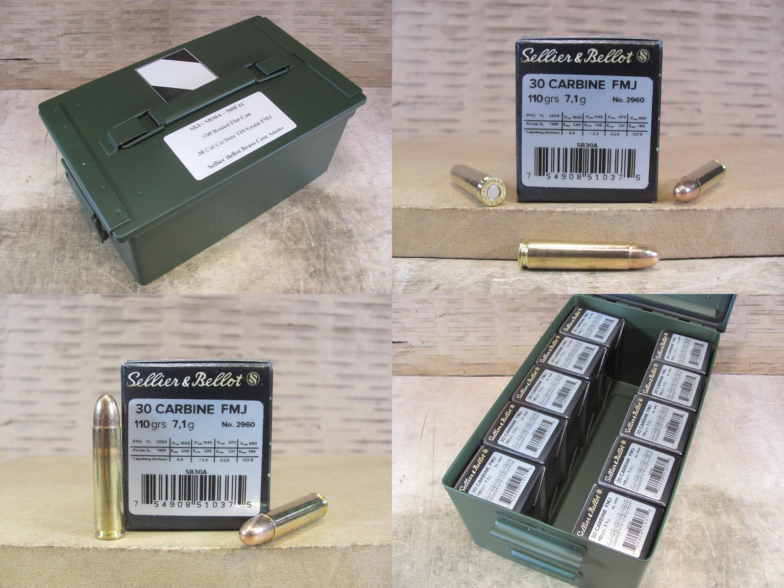 500 Round Flat Can – 30 Cal Carbine Sellier Bellot 110 Grain FMJ Ammo – SB30A – Packed in Metal Canister