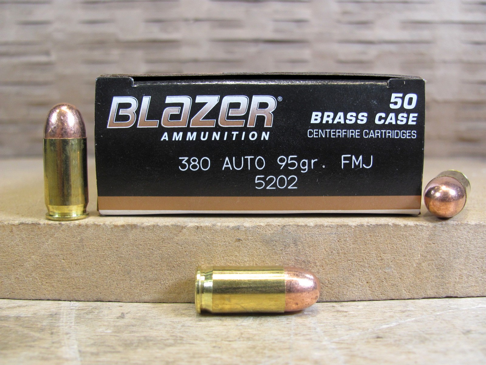 50 Round Box – 380 Auto 95 Grain FMJ Brass Blazer Ammo – 5202