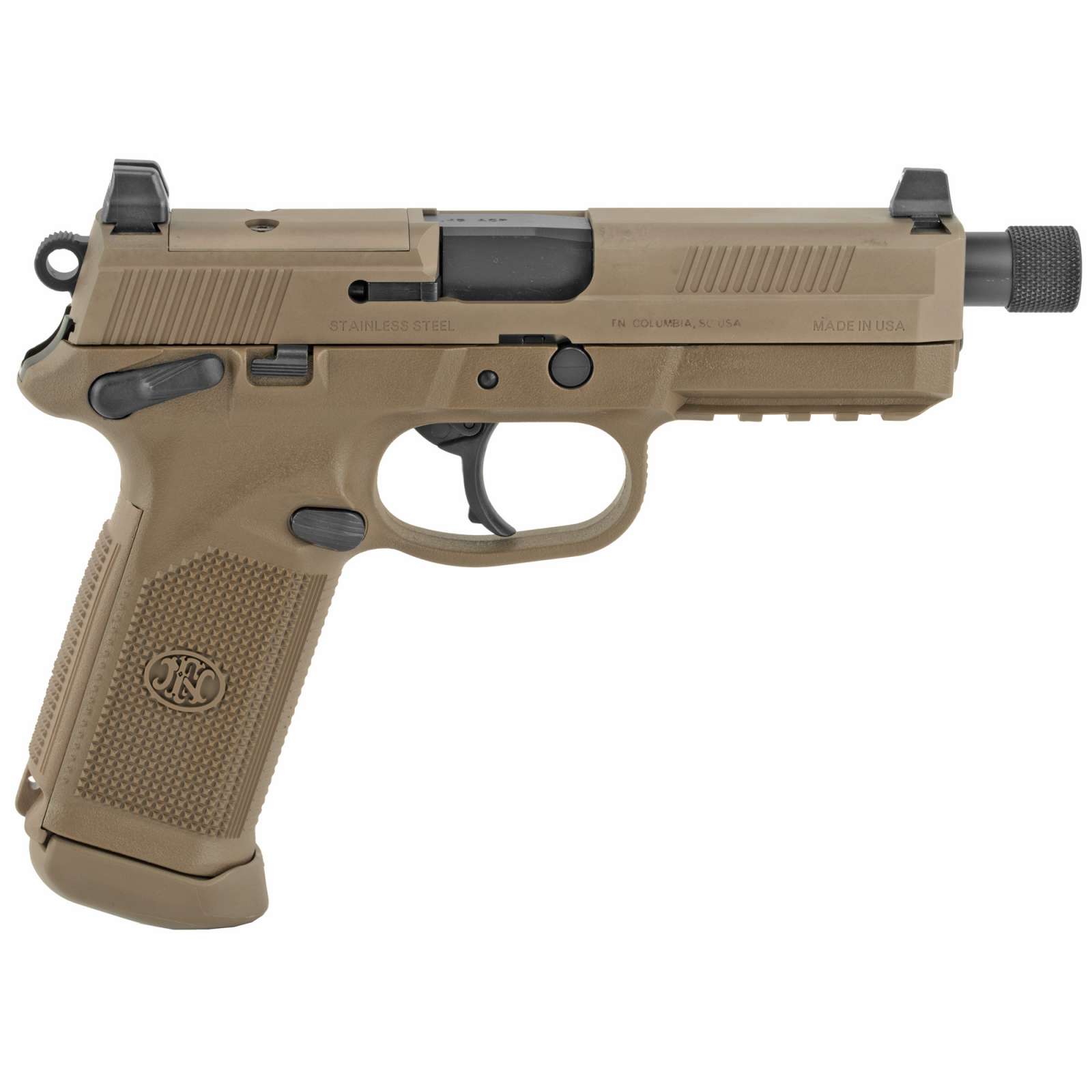 FN 66968 FNX Tactical 45 ACP 5.30″ Threaded Barrel 15+1 , Flat Dark Earth , Manual Safety , Night Sights