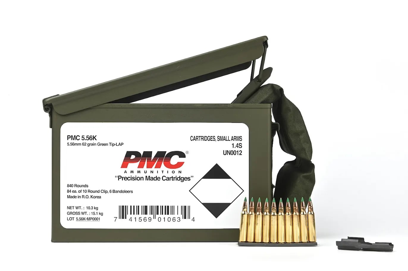 PMC X-Tac 5.56 NATO 62gr Green Tip LAP 840rds w/ Bandoleer in M2A1 Ammo Can - 5.56(M855)(M/B)
