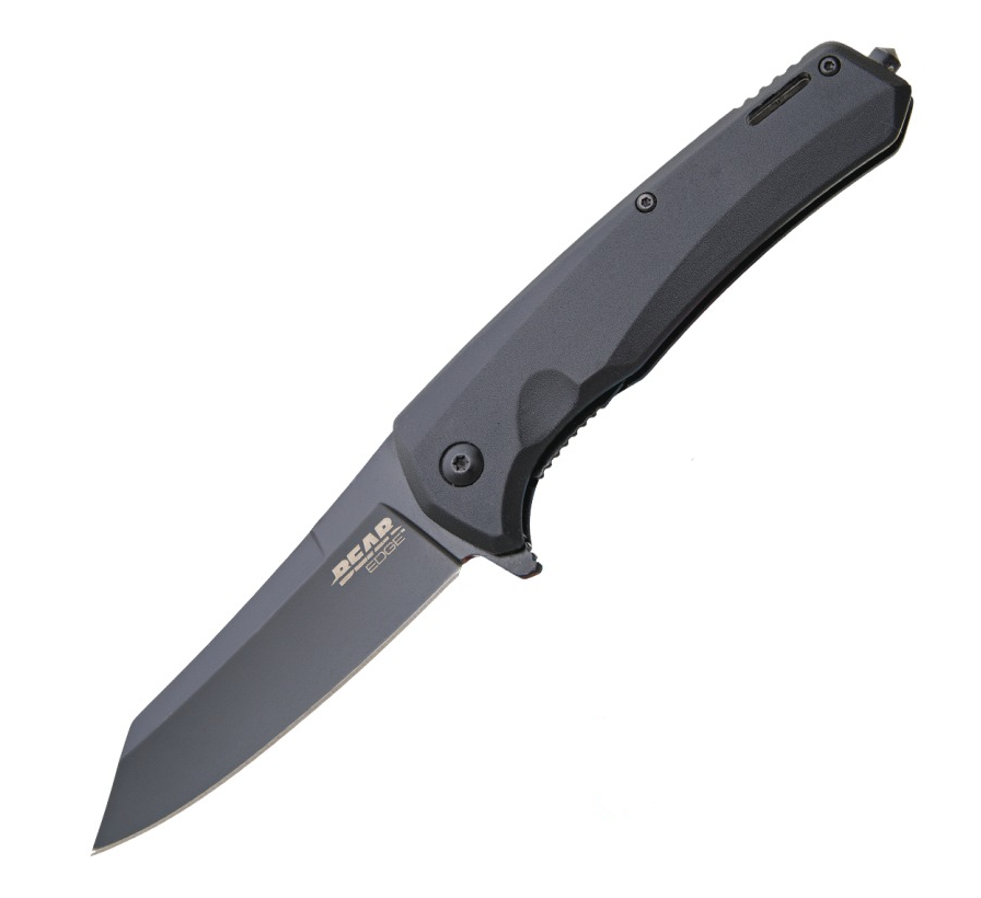 Bear & Son 4 1/2" Black Aluminum Sideliner w/ Reverse Tanto Blade & Glass Breaker