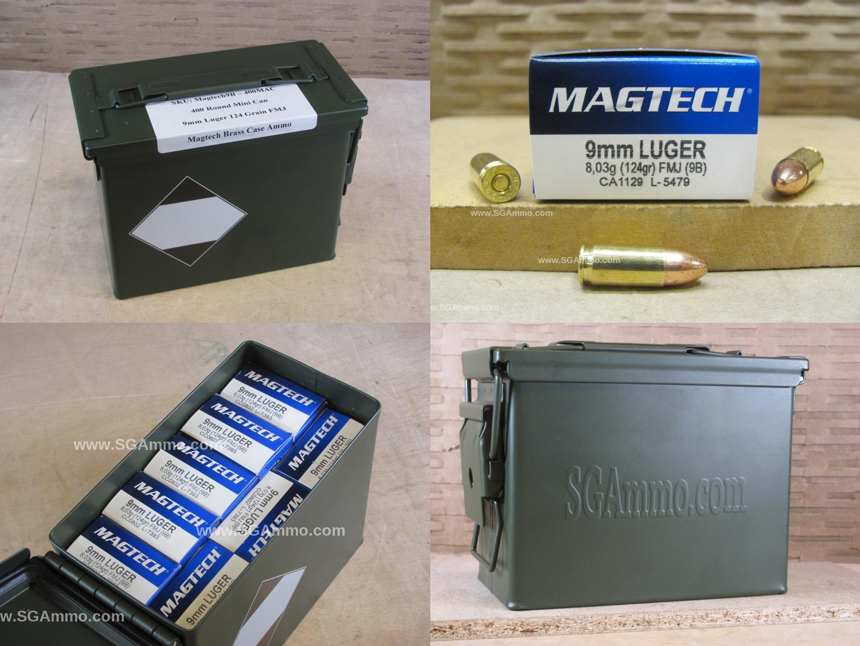 400 Round Can – 9mm Luger 124 Grain FMJ Ammo by Magtech – 9B – Packed in Mini Ammo Canister