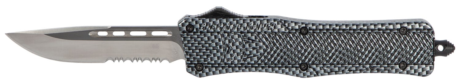CobraTec Knives Medium CTK-1 3" Drop Point OTF Knife, Serrated Edge, Carbon Fiber - MSCFTK1MDS
