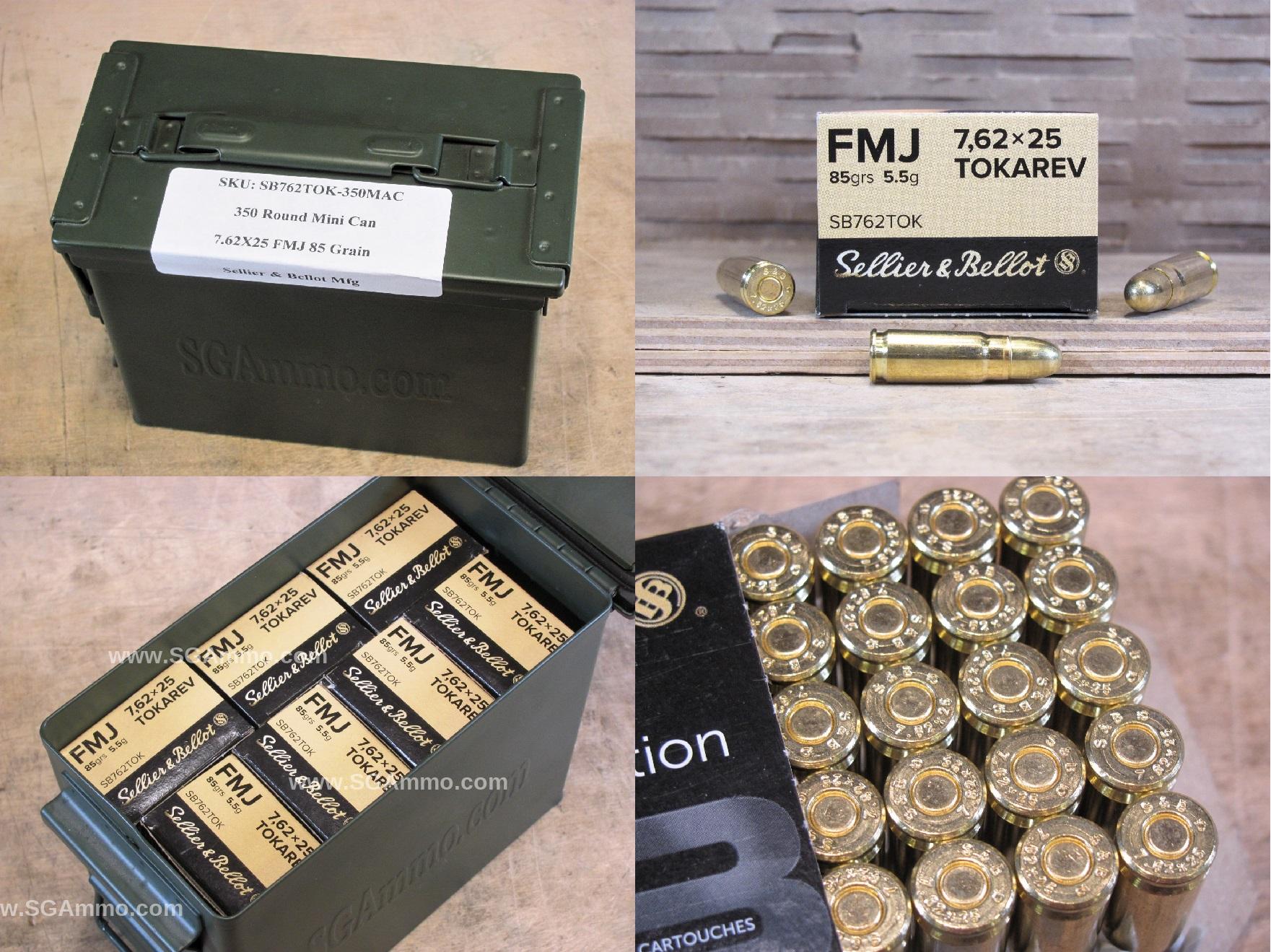 350 Round Can – 7.62×25 FMJ 85 Grain Sellier Bellot Brass Case Ammo – SB762TOK – Packed in Mini Canister