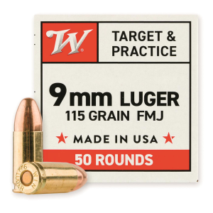 Winchester Target and Practice Ammunition 9mm Luger FMJ 115 Grain 50 Rounds