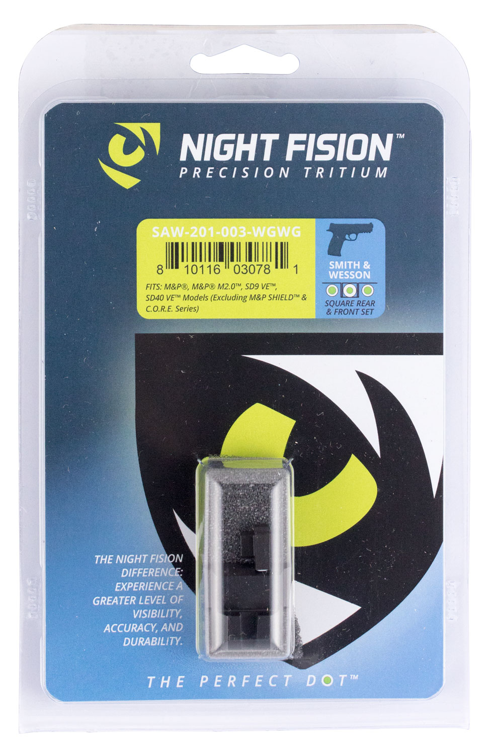 Night Fision Night Sight Set for Smith & Wesson M&P M2.0, SD9 VE Pistols, Green with White Square Front/Rear - SAW-201-003-WGWG