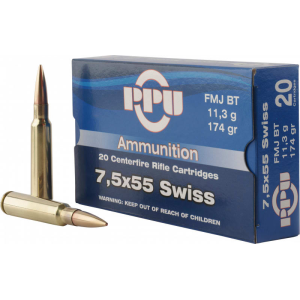 Prvi Partizan PPU PP338F Metric Rifle 7.5x55mm Swiss 174 GR Full Metal Jacket, Brass Cased, Boxer Primed, Non-Corrosive, Reloadable - 20 Round Box