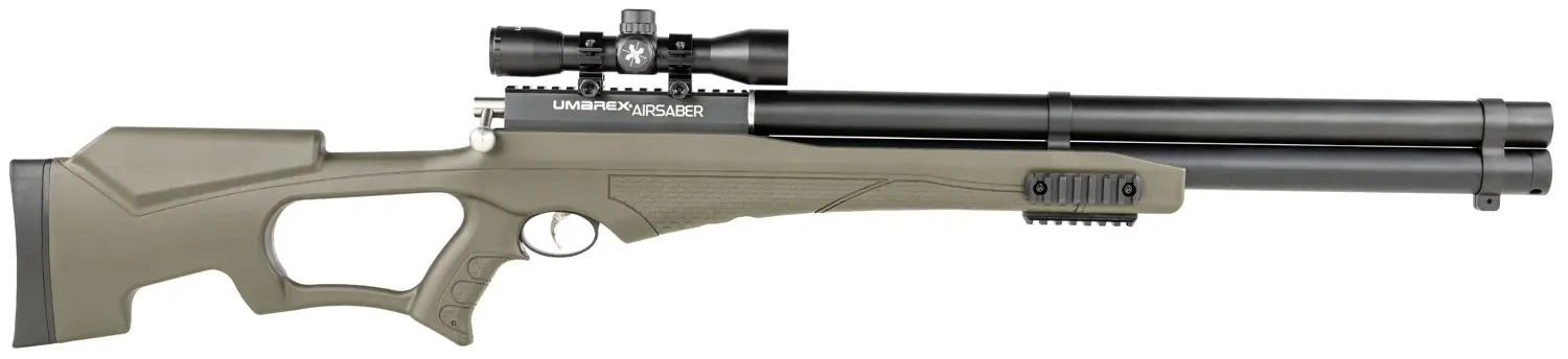 Umarex 2252660 Air Saber Combo PCP Umarex Straight Flight Technology Arrows 1 Shot, Black Barrel, Black Receiver, Green Fixed Thumbhole Stock, Scope Axeon Optics 4x32mm