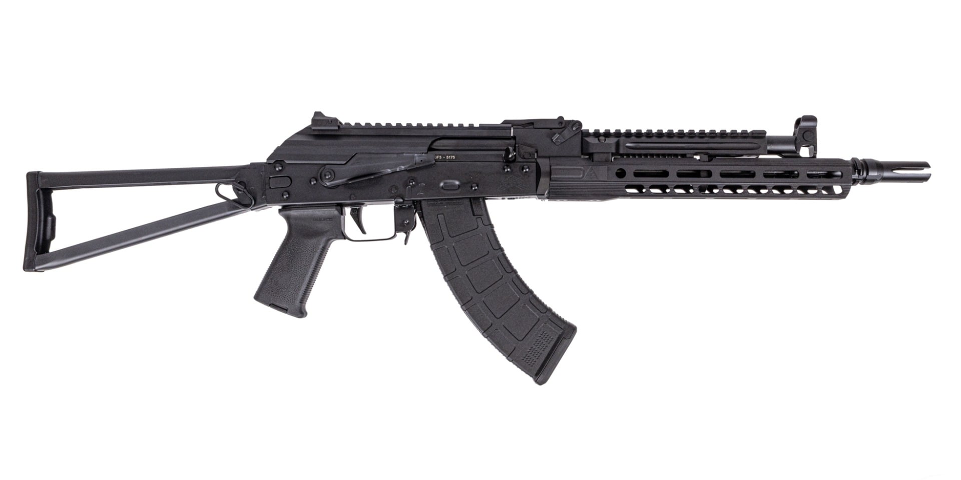 PSA AK-47 GF3-E Rifle with 13.7" Barrel Pin and Weld, ALG Trigger, PSA-SLR Solo 11" Rail, Metal Triangle Folding Stock, and JMAC Flash Hider