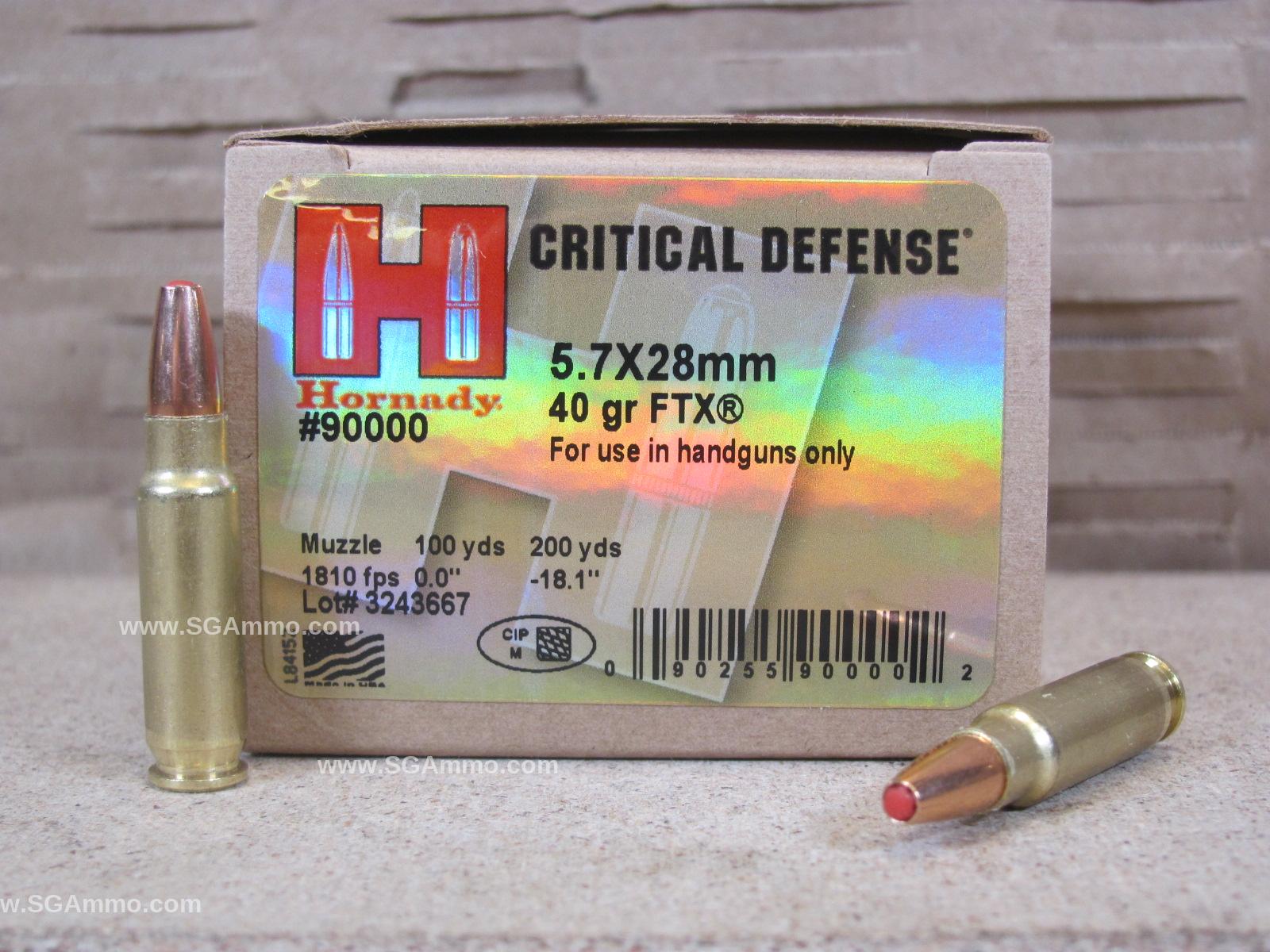250 Round Case – 5.7x28mm 40 Grain FTX Hornady Critical Defense Ammo – 90000