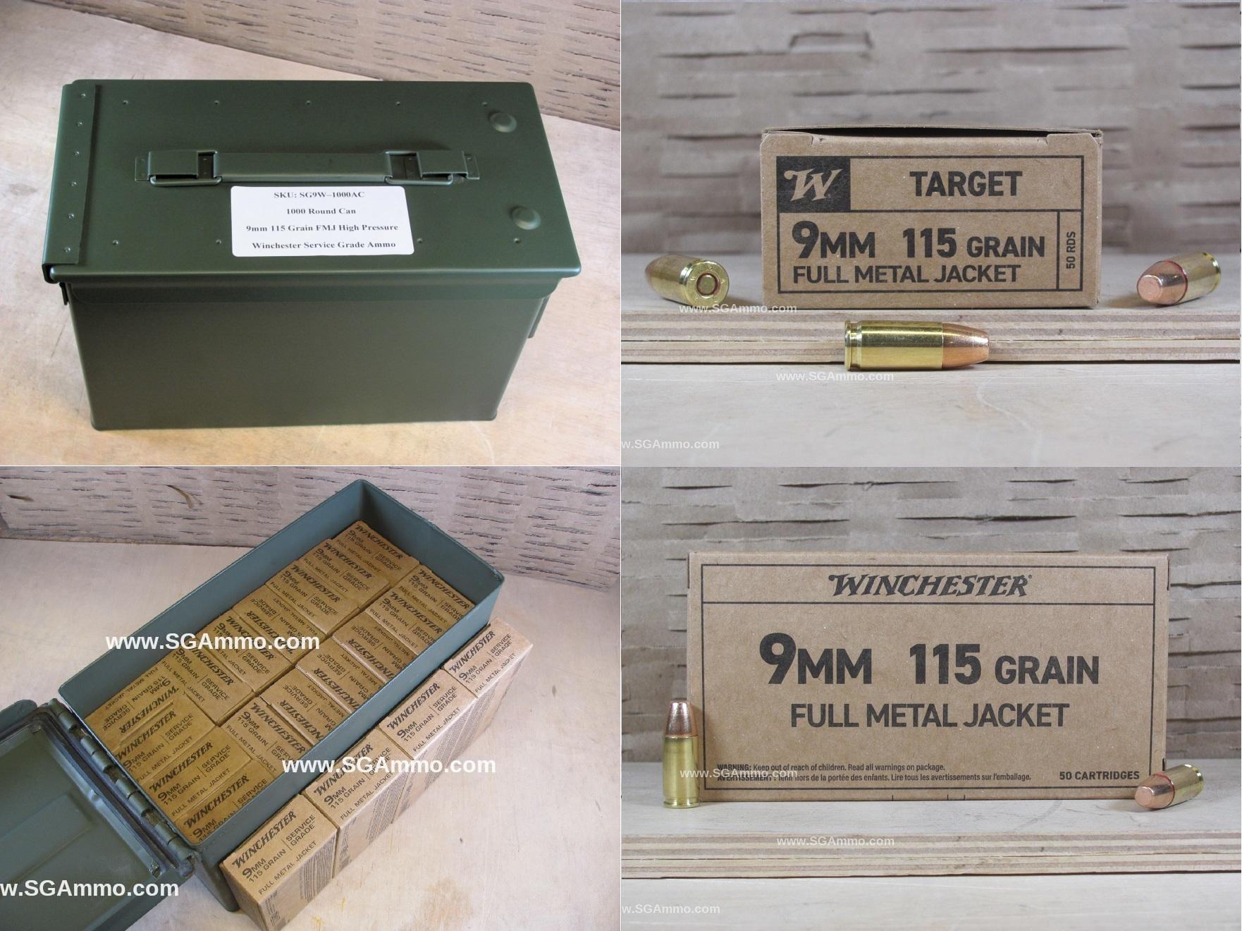 1000 Round Can – 9mm 115 Grain FMJ Winchester High Pressure Service Grade Ammo – SG9W – Packed in M2A1 Canister