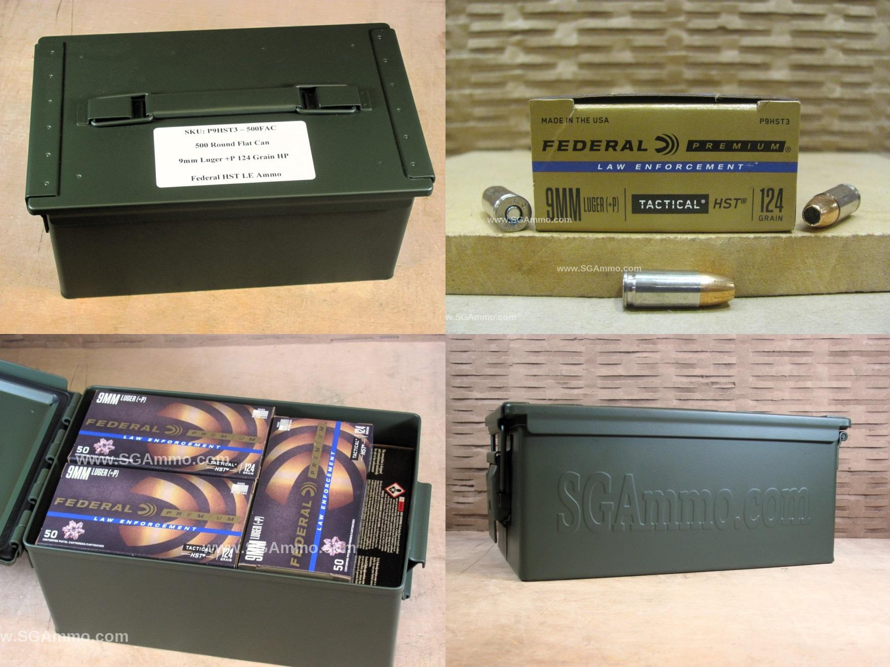 500 Round Flat Can – 9mm Luger +P Federal HST 124 Grain HP Hollow Point LE Ammo – P9HST3 – Packed in Metal Canister