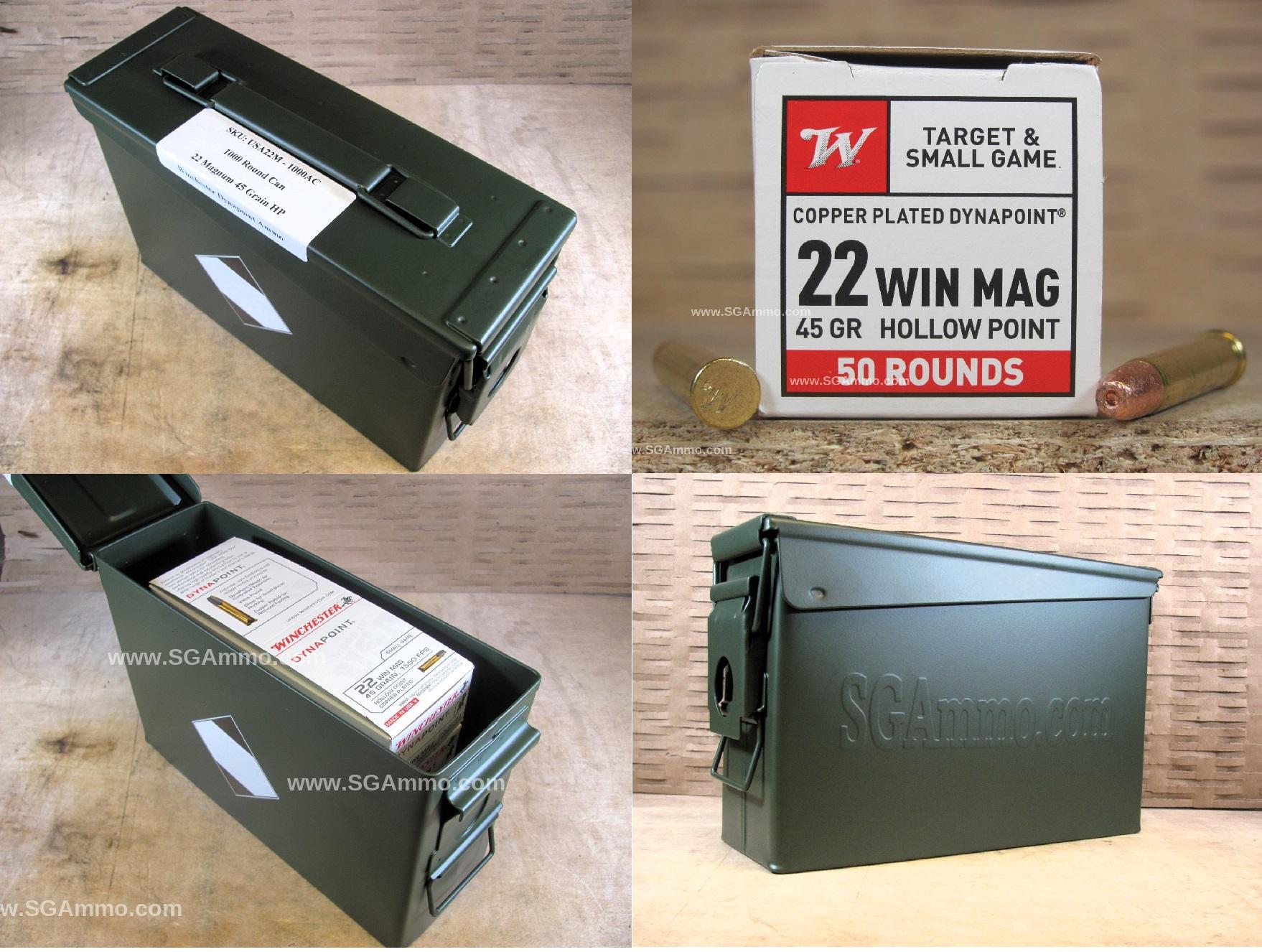 1000 Round Can – 22 Magnum Winchester Dynapoint 45 Grain Hollow Point Ammo – USA22M – Packed in M19A1 Canister