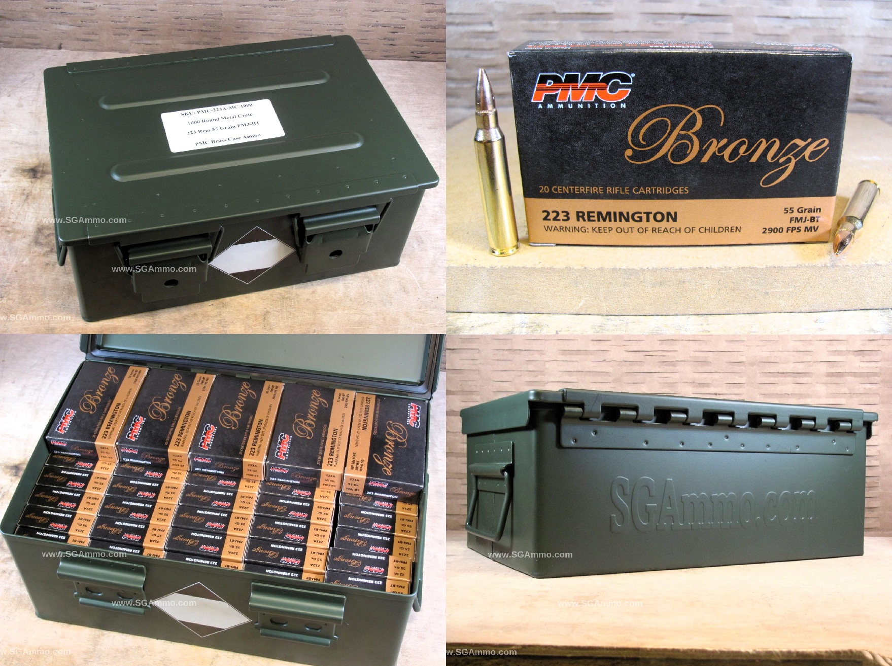 1000 Round Metal Crate Canister – 223 Rem PMC 55 Grain FMJ-BT Brass Case Ammo – 223A