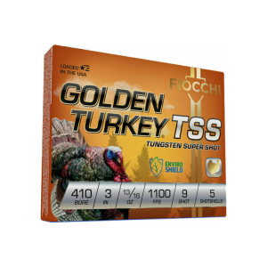 Fiocchi Golden Turkey TSS .410 Gauge 3\" 5 Rounds 13/16 oz #9 Tungsten Super Shot, Brass Case.