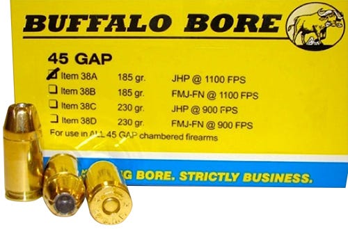 Buffalo Bore 45 GAP 185 grain Jacketed Hollow Point Pistol and Handgun Ammo, 20/Box - 38A/20