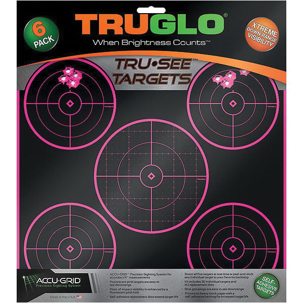 TruGlo Tru See 12" x 12" Splatter Self-Adhesive Silhouette 5-Bullseye Target, Pink/Black, 6/pack - TG11P6