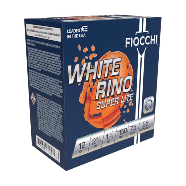 Fiocchi White Rino Super Lite Shotshells 12 ga 2-3/4″ 1-1/8oz 1150 fps #7.5 25/ct - No Credit Card Fees - Low, flat rate shipping