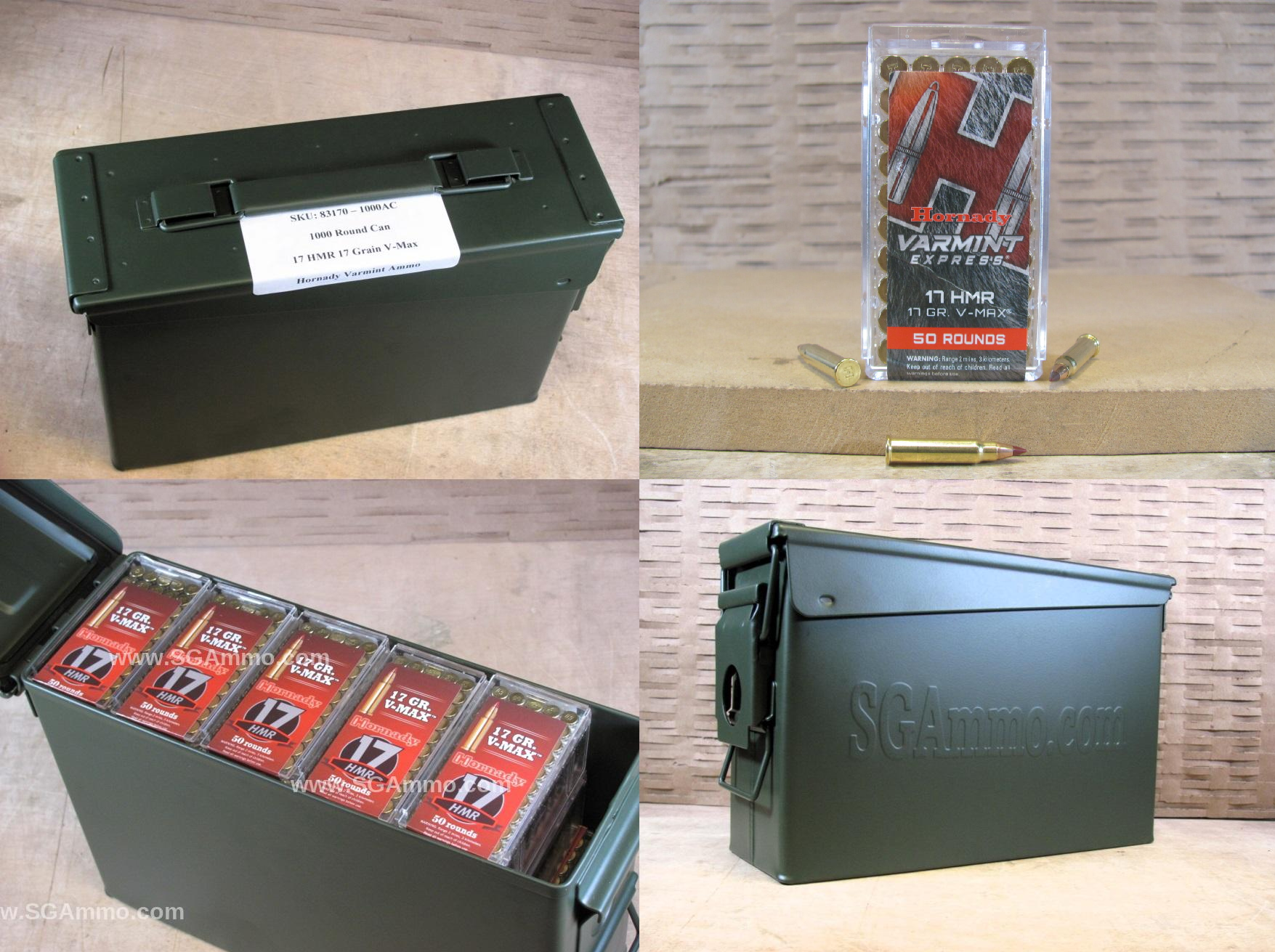 1000 Round Can – 17 HMR Hornady 17 Grain V-Max Ammo – 83170 – Packed in M19A1 Canister