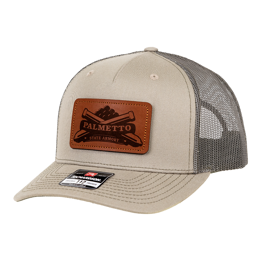 PSA Leather Patch Richardson 5 Panel Trucker Hat, Pale Khaki/ Loden