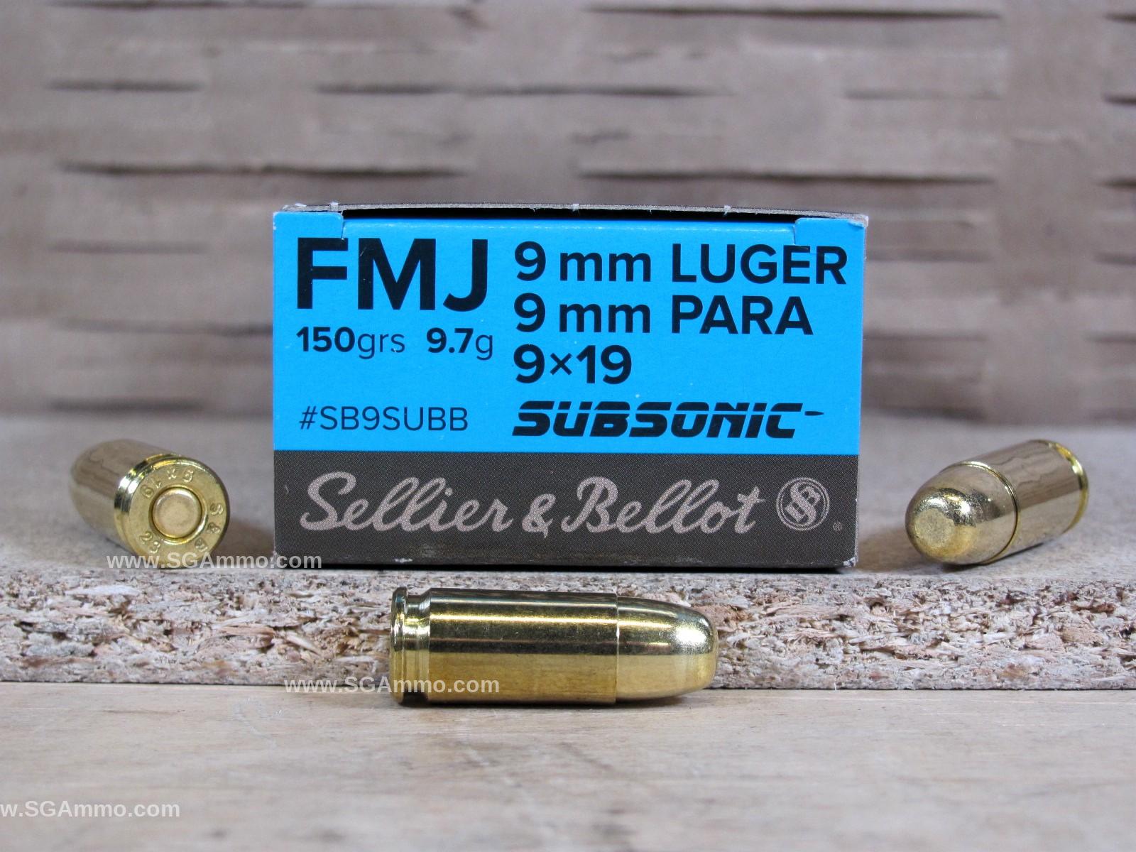 1000 Round Case – 9mm Luger 150 Grain FMJ Subsonic Ammo Made By Sellier Bellot – SB9SUBB