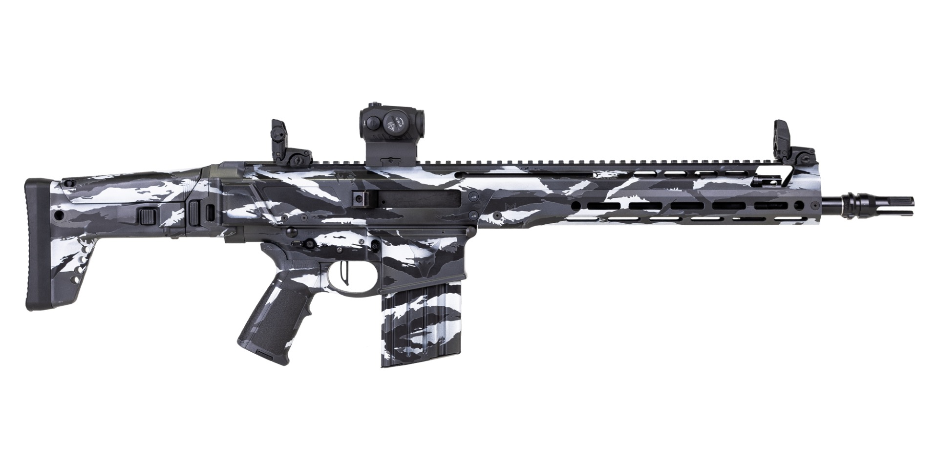 PSA Custom JAKL-10 14.5" Rifle .308 1:10 Nitride, Flat FCG, F5 Stock, Midnight Tiger Stripe Camo