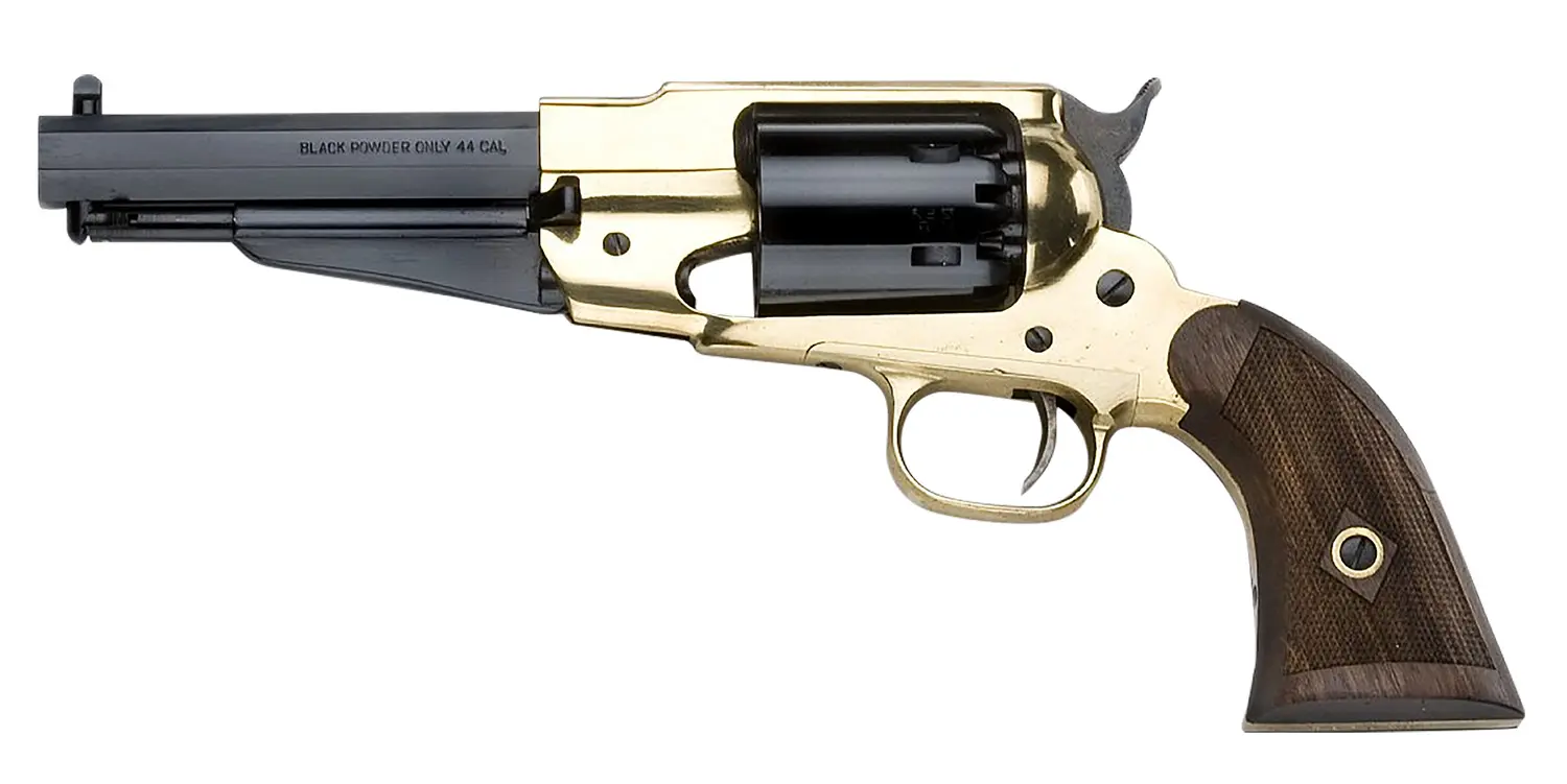 Pietta PF58BR44512 1858 Remington Brass Sheriff 44 Cal 6rd 5.50" Blued Octagonal Steel Barrel Cylinder, Brass Frame, Checkered Walnut Grip