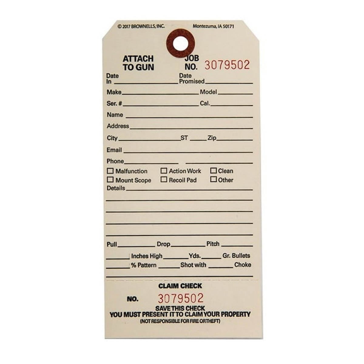 Brownells 6.25" x 3.13" CC-1 Single Stub Claim Check, Off-White Pack of 500