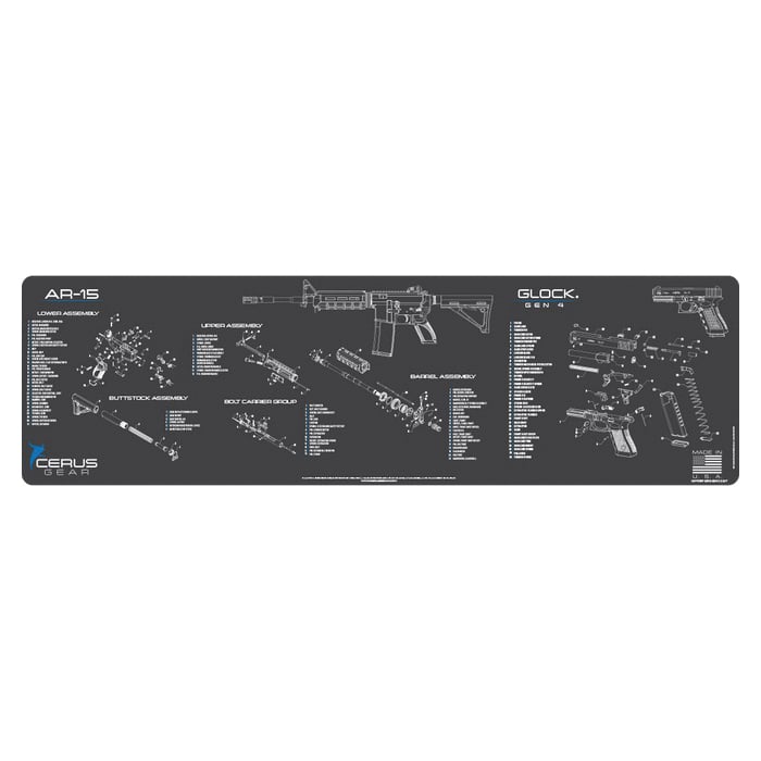 Cerus Gear ProMat 14" x 48" x 3 mm Schematic Magnum Mat for Glock Gen 4, Charcoal Gray/Cerus Blue