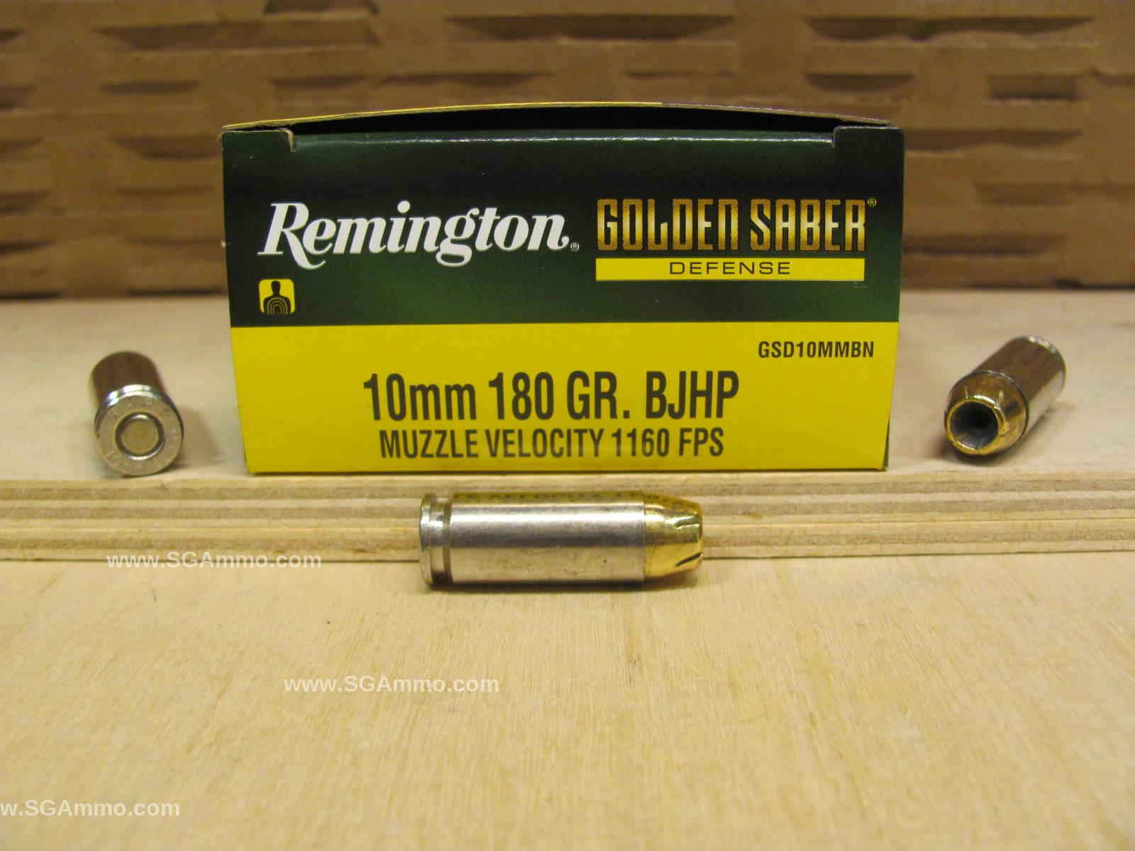 20 Round Box – 10mm 180 Grain BJHP Remington Golden Saber Defense Ammo – GSD10MMBN