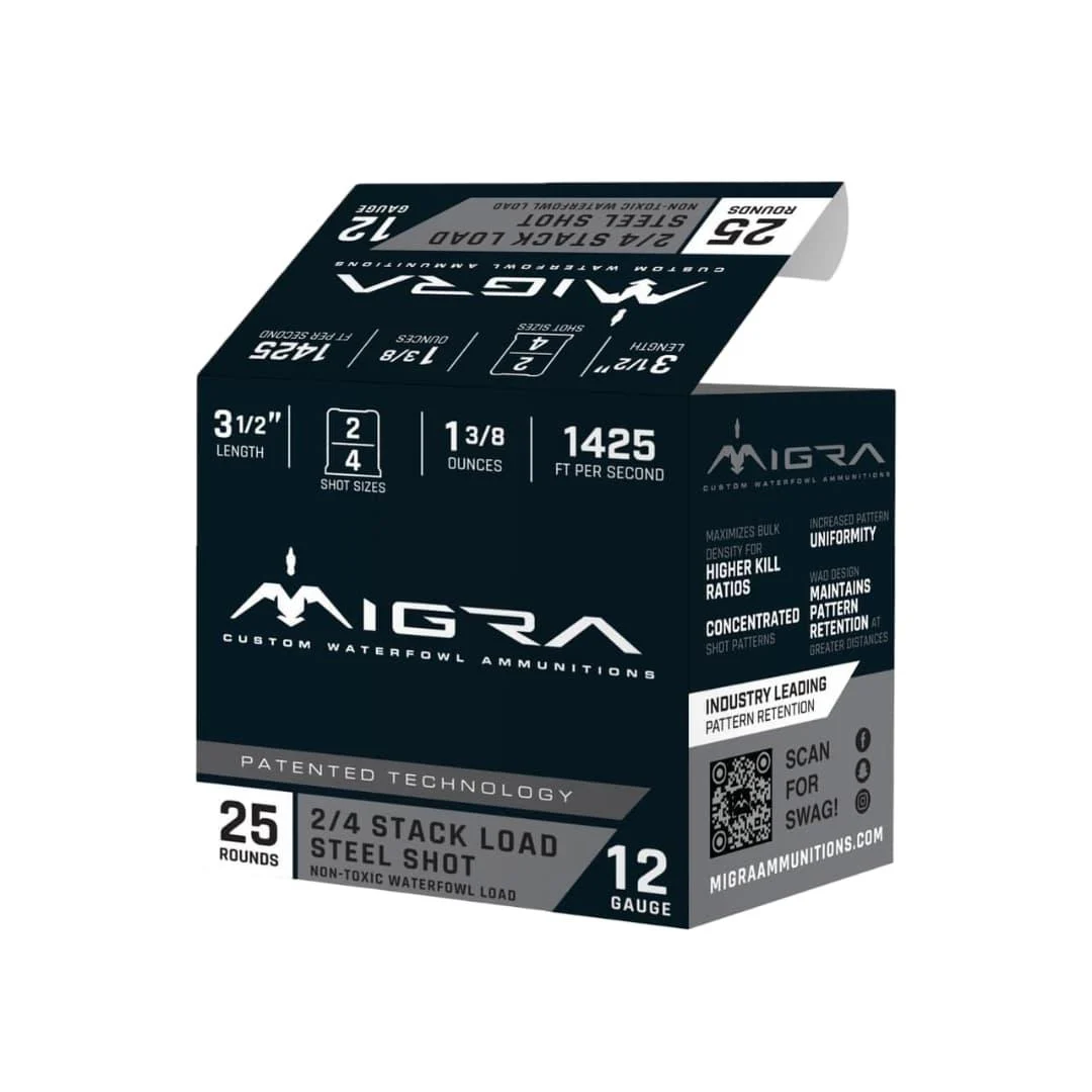 Migra Steel Waterfowl Stacked Shotshells 12ga 3.5" 1-3/8oz 1425 fps #2 #4 25/ct