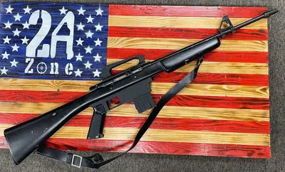 SQUIRES BINGHAM Squires Bingham Model 16, 22LR, 19" Barrel, Black Leather Sling, 10 Round Magazine, Semi Auto Rifle, Carrying Handle Iron Sight. (Used)