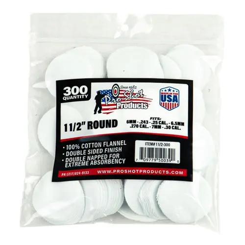 COTTON FLANNEL PATCHES - 6MM-.30 CALIBER, 1 1/2 ROUND, 300 COUNT