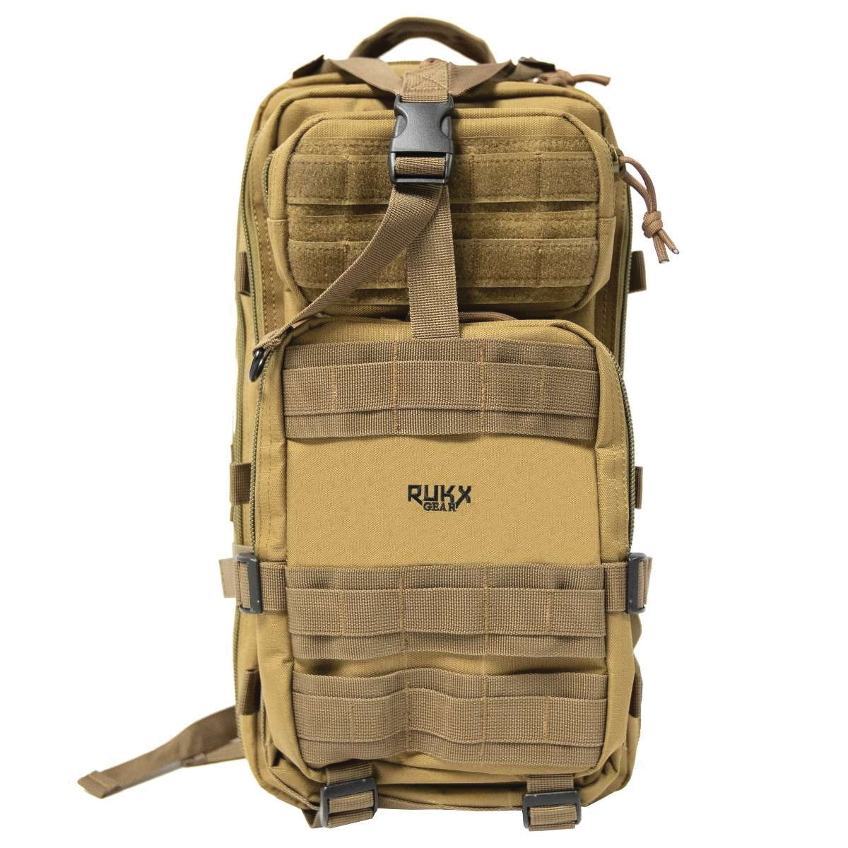 Rukx Gear Tactical 600D Polyester 1 Day Bag - Tan Daypack with Tactical Features - ATICT1DT