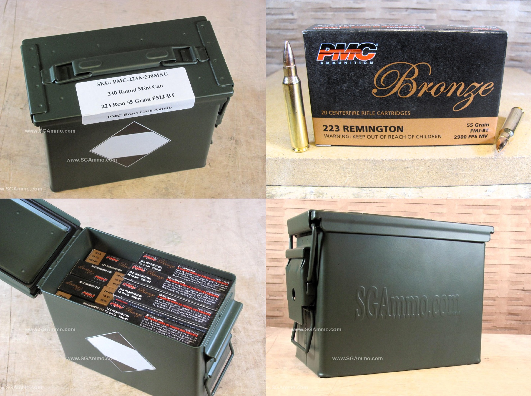 240 Round Can – 223 Rem PMC 55 Grain FMJ-BT Brass Case Ammo – 223A – Packed in Mini Ammo Canister