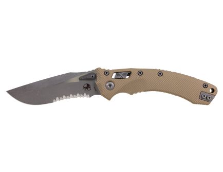 Microtech Amphibian Ram-Lok Apocalyptic Folding Clip Point Knife Serrated, Tan - 137RL-11APFLGTTA