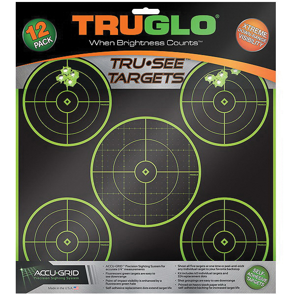 TruGlo Tru See 12" x 12" Splatter Self-Adhesive 5-Bullseye Target, Fluorescent Green/Black, 12/pack - TG11A12