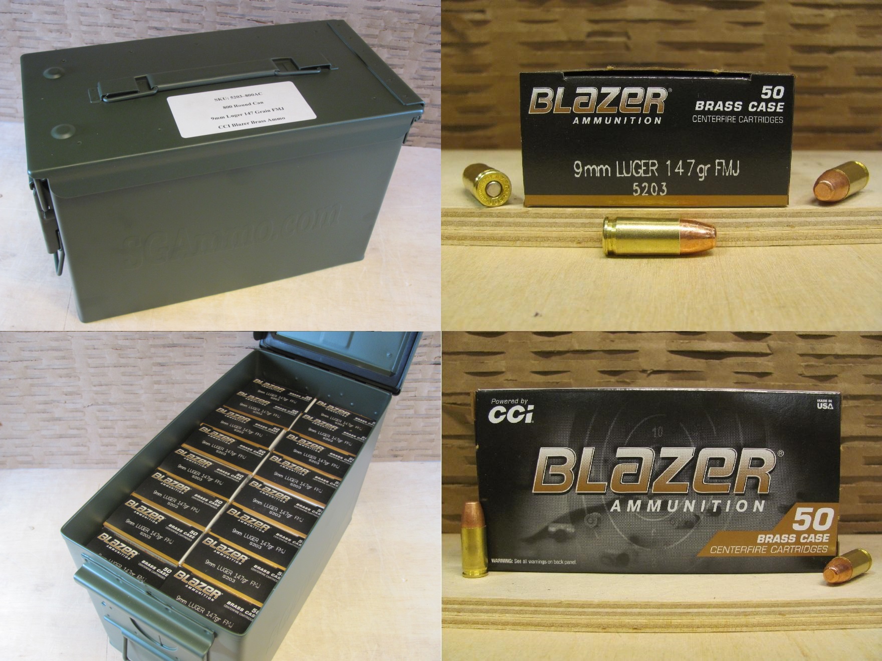 800 Round Can – 9mm Luger 147 Grain FMJ CCI Blazer Brass Ammo – 5203 – Packed in M2A1 Canister
