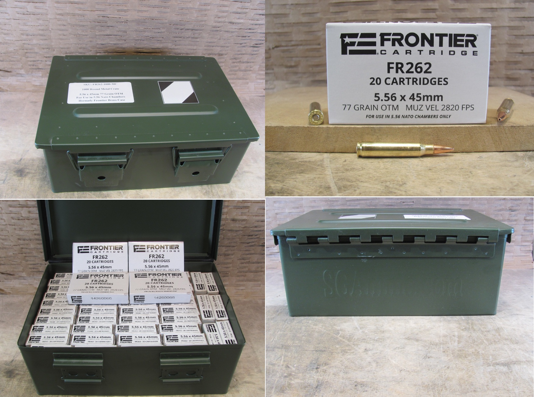 1000 Round Metal Crate Canister – 5.56 x 45mm 77 Grain Open Tip Match Hornady Frontier Ammo – FR262 – FOR USE IN 5.56 NATO CHAMBERS ONLY