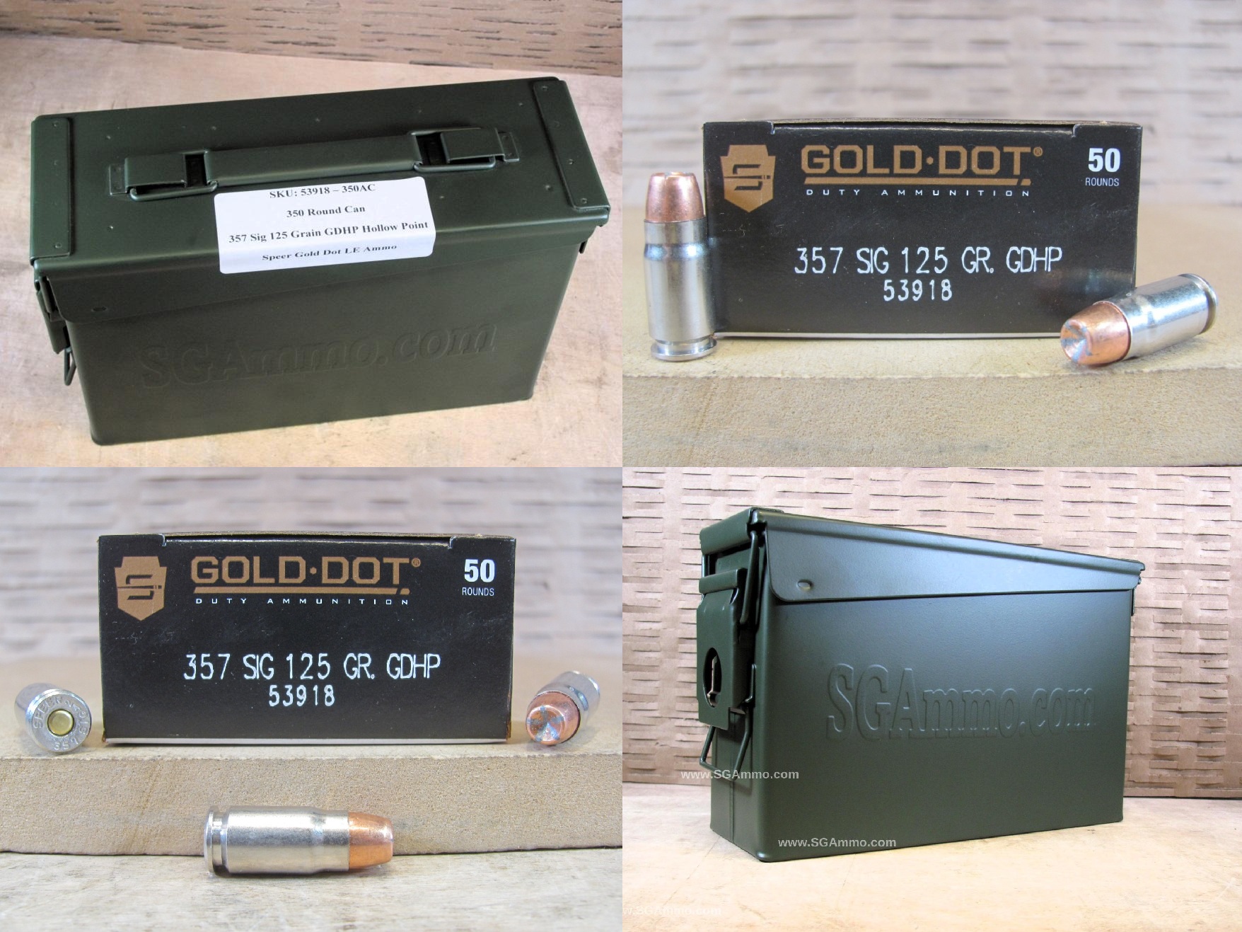 350 Round Can – 357 Sig 125 Grain Speer Gold Dot LE GDHP Hollow Point Ammo – 53918 – Packed in M19A1 Canister