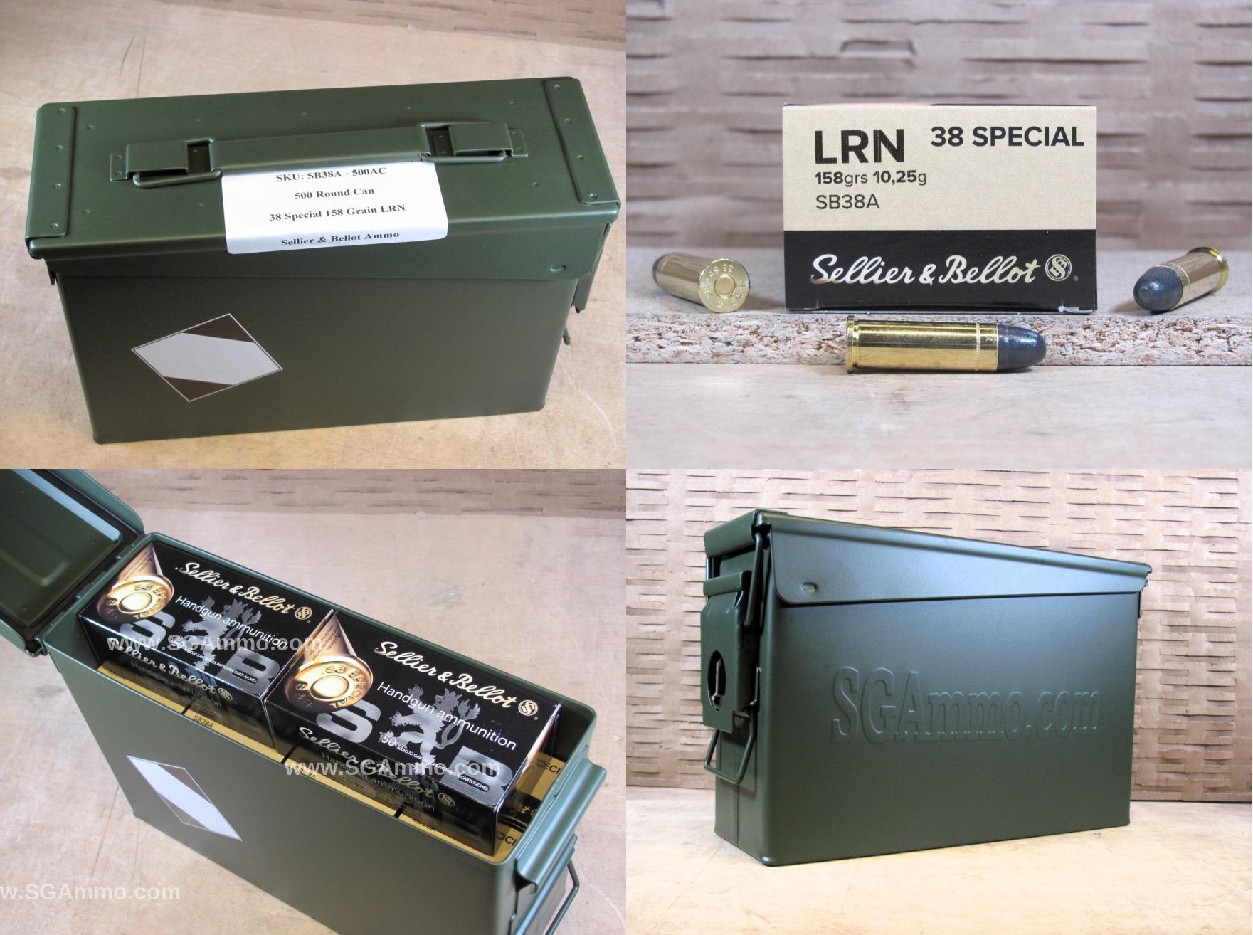 500 Round Can – 38 Special 158 Grain LRN Ammo by Sellier Bellot – SB38A – Packed in M19A1 Canister
