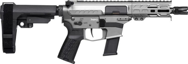 CMMG 45A150FTNG Banshee FE MkG 45 ACP 13+1 5" Black Nitride Threaded Barrel, M-LOK Handguard, Titanium Cerakote Aluminum Receiver w/Picatinny Rail, Black Polymer CMMG RipBrace, CMMG Zeroed Grip